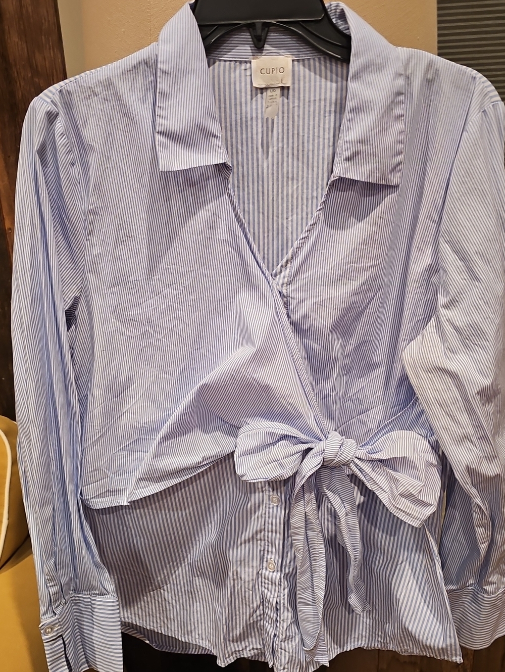 Cupio Light Blue & White Striped Tie-Front Button Down Shirt